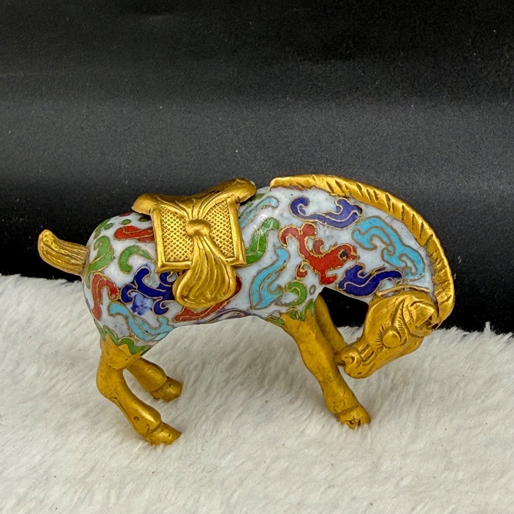 Vintage Cloisonne Horse Gold Tone Removable Saddle Equestrian Figurine